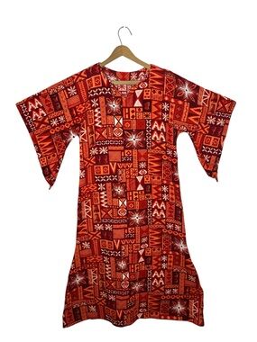 Vintage Hawaiian Barkcloth Maxi Dress Handmade Tiki Aloha 60s 70s Tribal Print